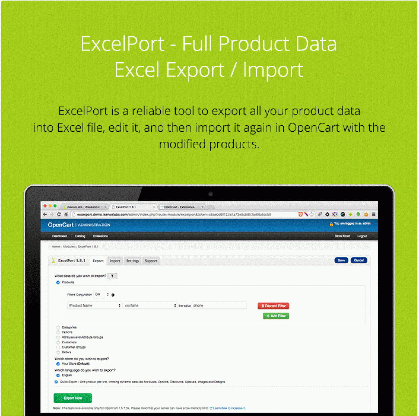 Экспорт / Импорт в Excel PRO (как ExcelPort) для OpenCart
