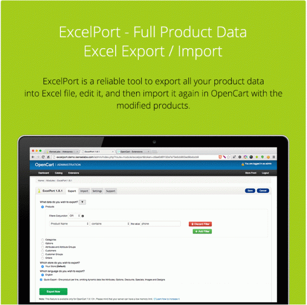 Export/Import to Excel PRO (as ExcelPort) for OpenCart