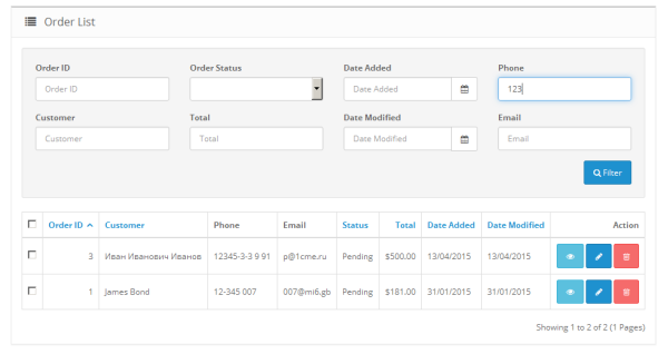 Поиск заказов по телефону и E-mail для OpenCart