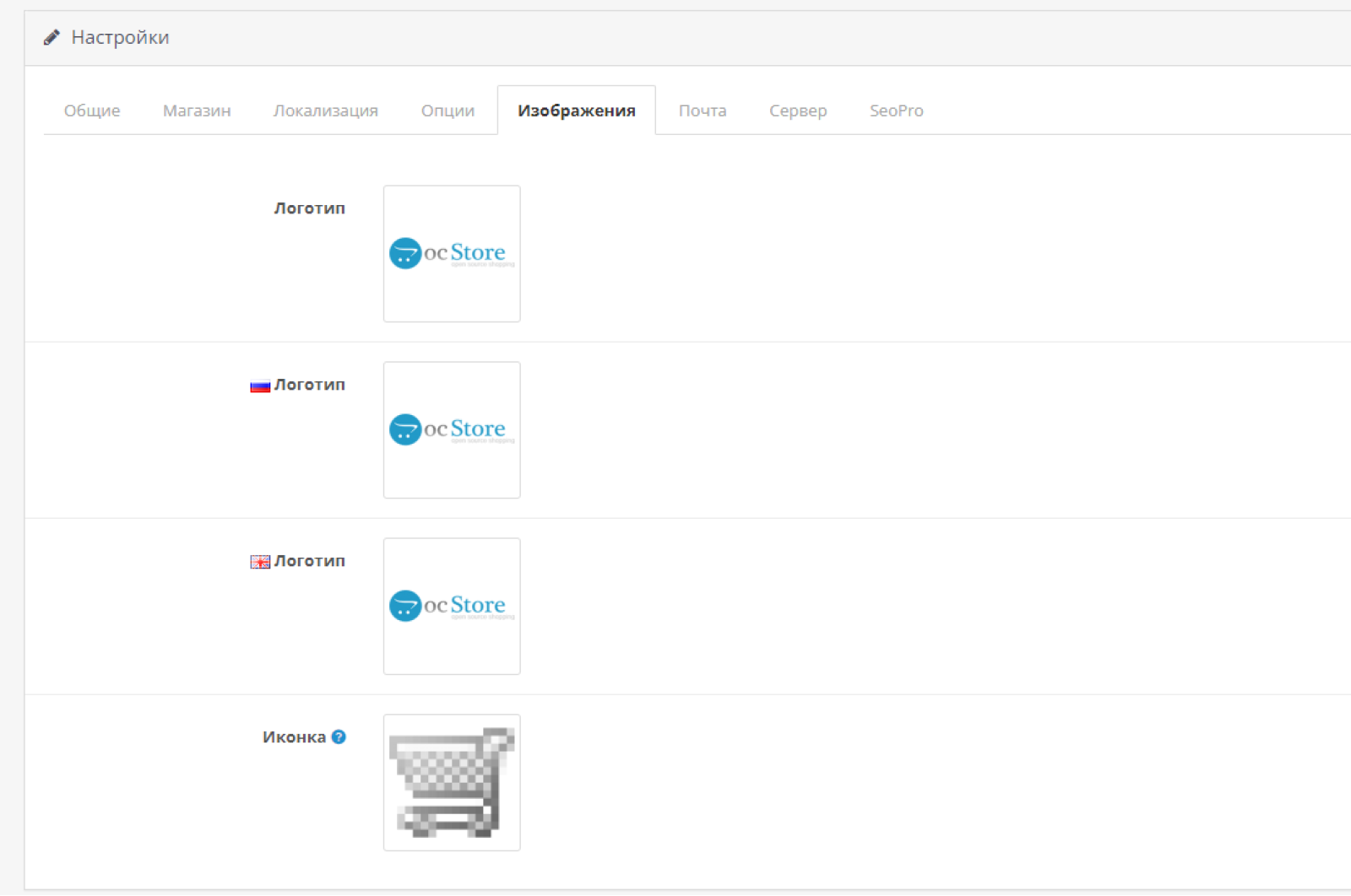 Мультиязычные данные магазина с логотипом OpenCart