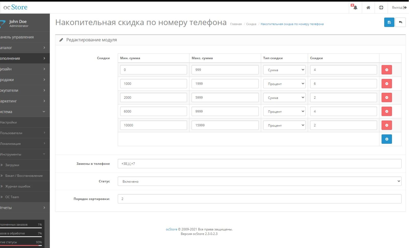Cumulative discount by phone number for OpenCart