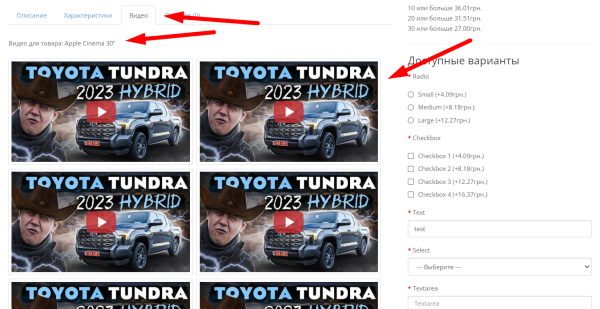 Видео с Youtube на странице товара (с галереей)